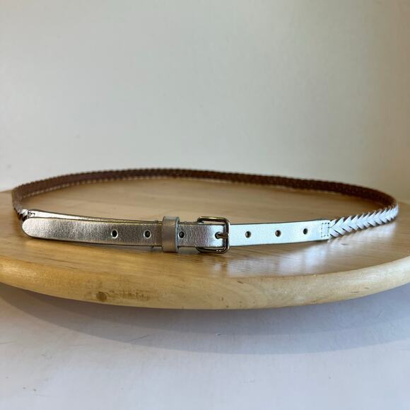 J. Crew Silver Metallic Genuine Leather Thin Skinny Woven Belt Size Large - Picture 2 of 12